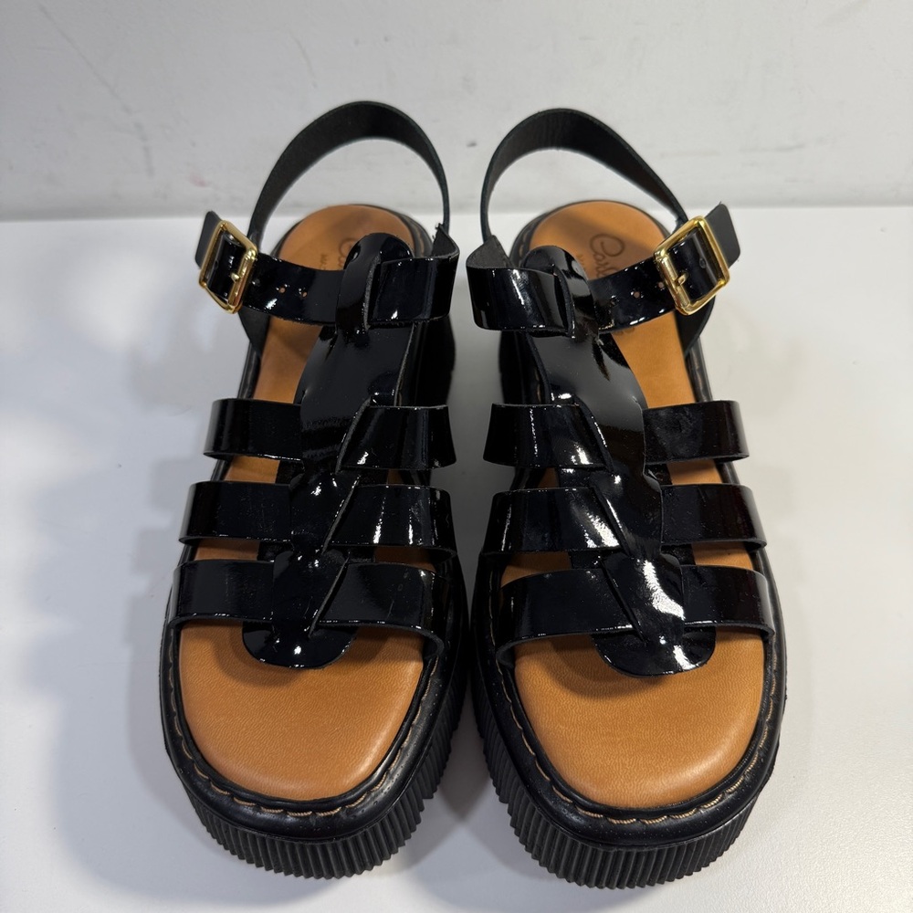 Carlo Pera Made In Italy Black Leather Platform Sandals Gold Buckle Women's 39